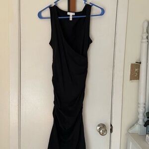 Leith Black Ruched Deep V-Neck Midi Bodycon Dress - Size XS